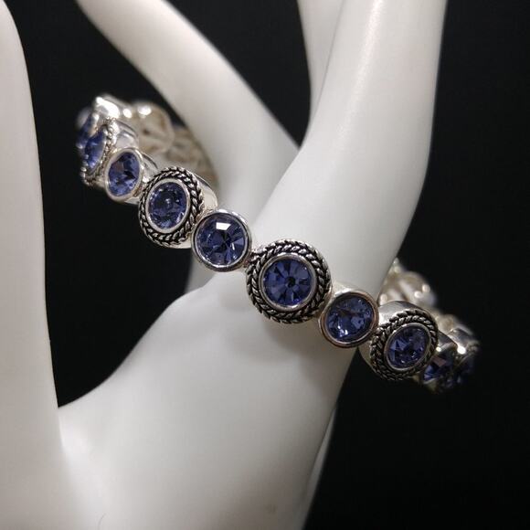 Blue Lavender Rhinestone Silver Tone Stretch Bracelet, 7 1/2 Inches - Picture 2 of 7
